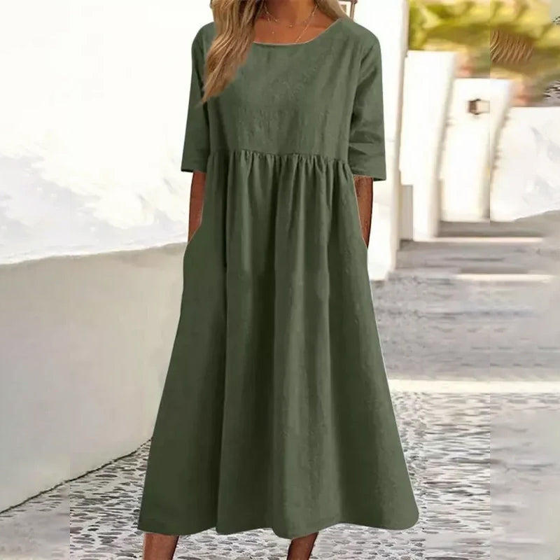 Women's Casual Crew Neck Pocket Smocked Cotton Dress